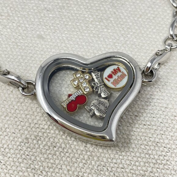 Heart Locket Bracelet Floating Charms Love Personalize Silver-Tone Mom Teacher - Picture 4 of 7